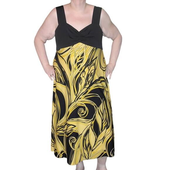 Le Bos Size 18W Plus Butter Yellow Black Floral Maxi Dress Dark Fairy - Picture 1 of 9